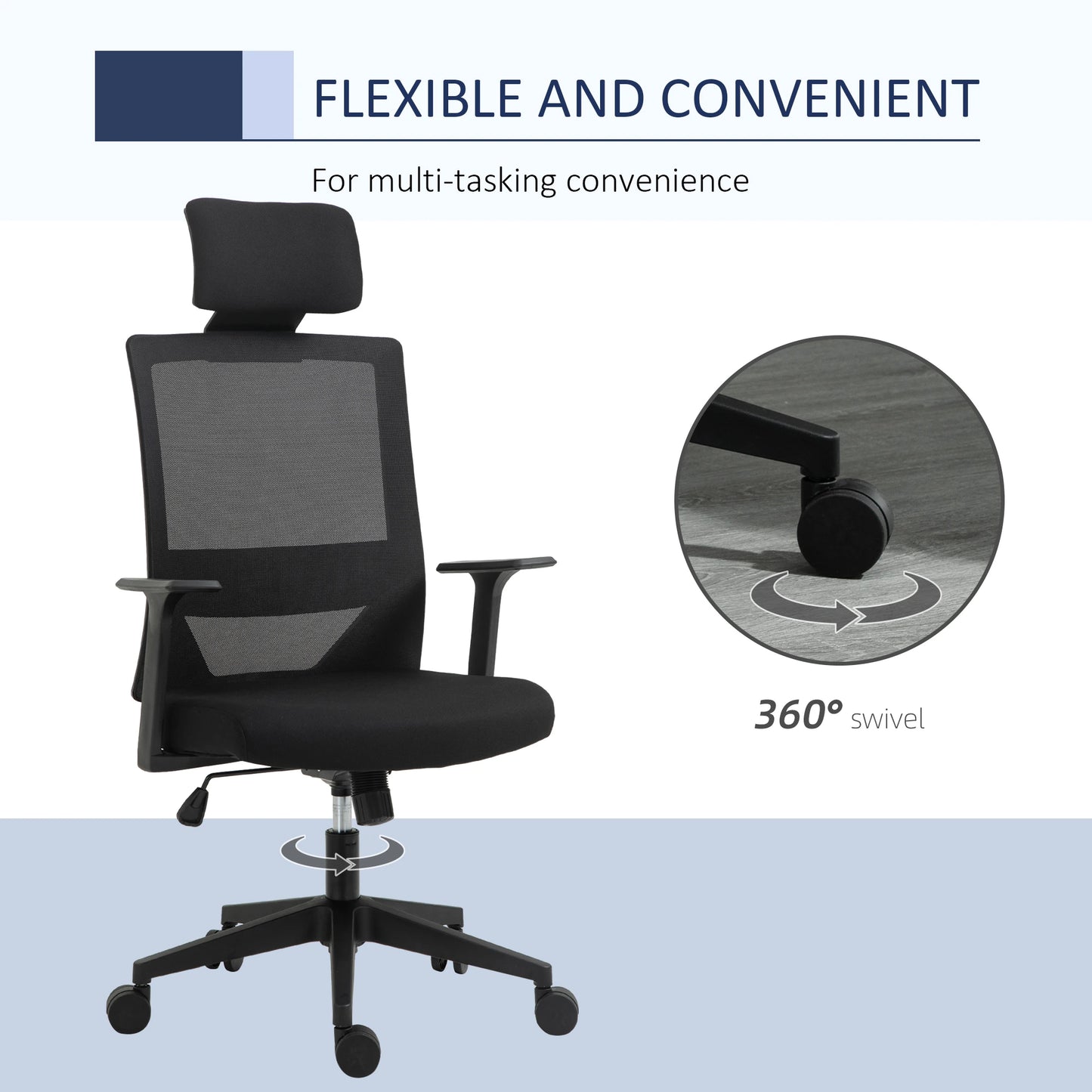 High Back Office Chair Swivel Task Chair with Lumbar Back Support, Breathable Mesh, and Adjustable Height, Headrest, Black