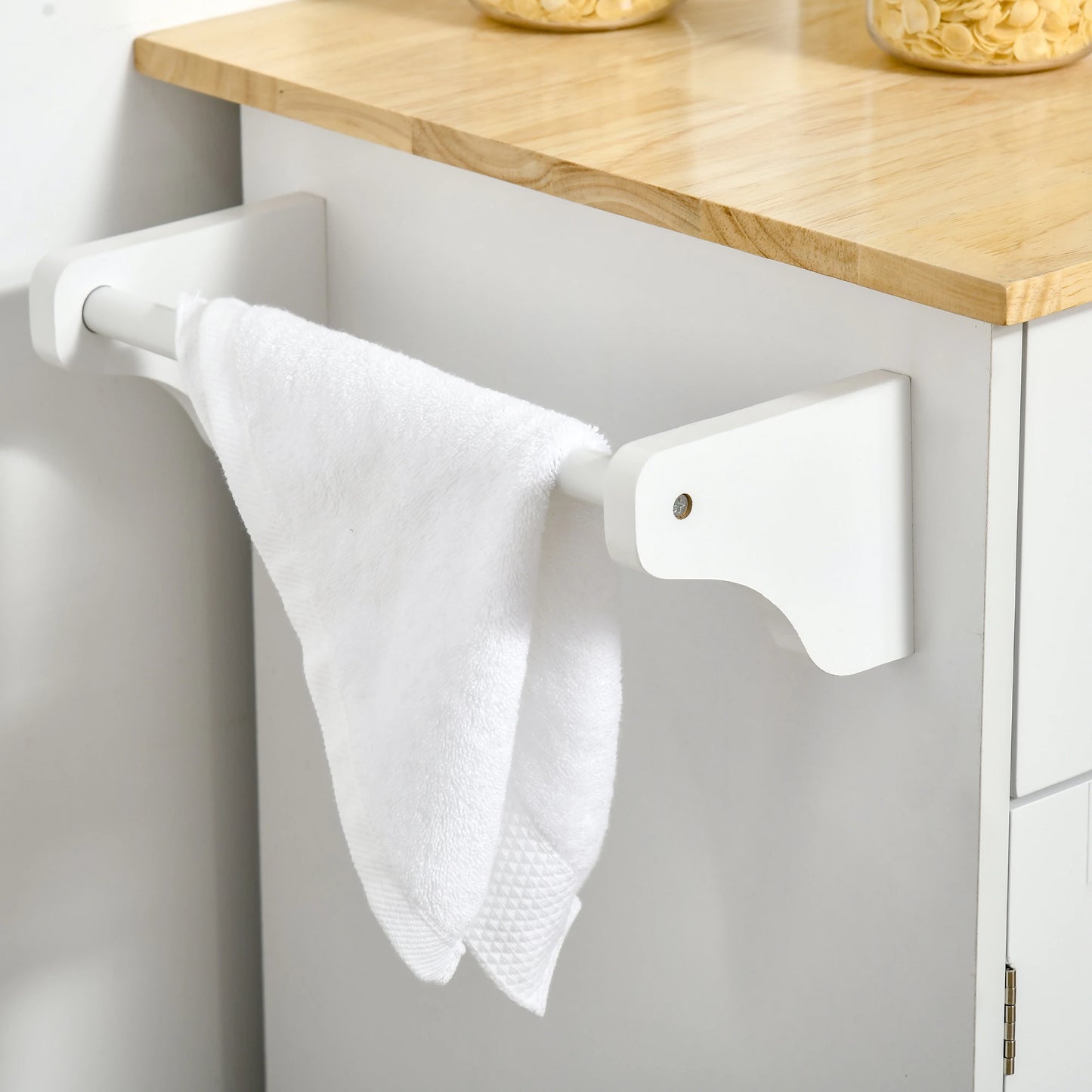 Rolling Kitchen Island with Storage Drawers, Kitchen Cart with Rubber Wood Top, Cabinet & Towel Rack, White