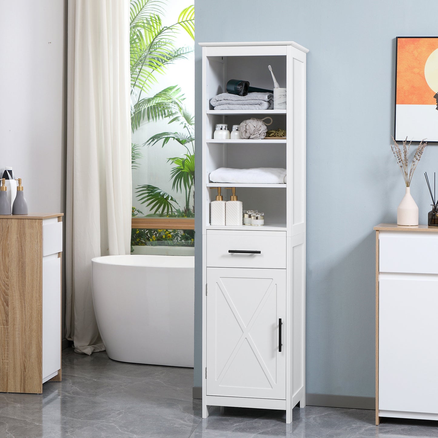 Tall Bathroom Storage Cabinet, Free Standing Bathroom Cabinet Slim Side Organizer w/ 3-Tier Open Shelf, Cupboard, Door, and Drawer, White