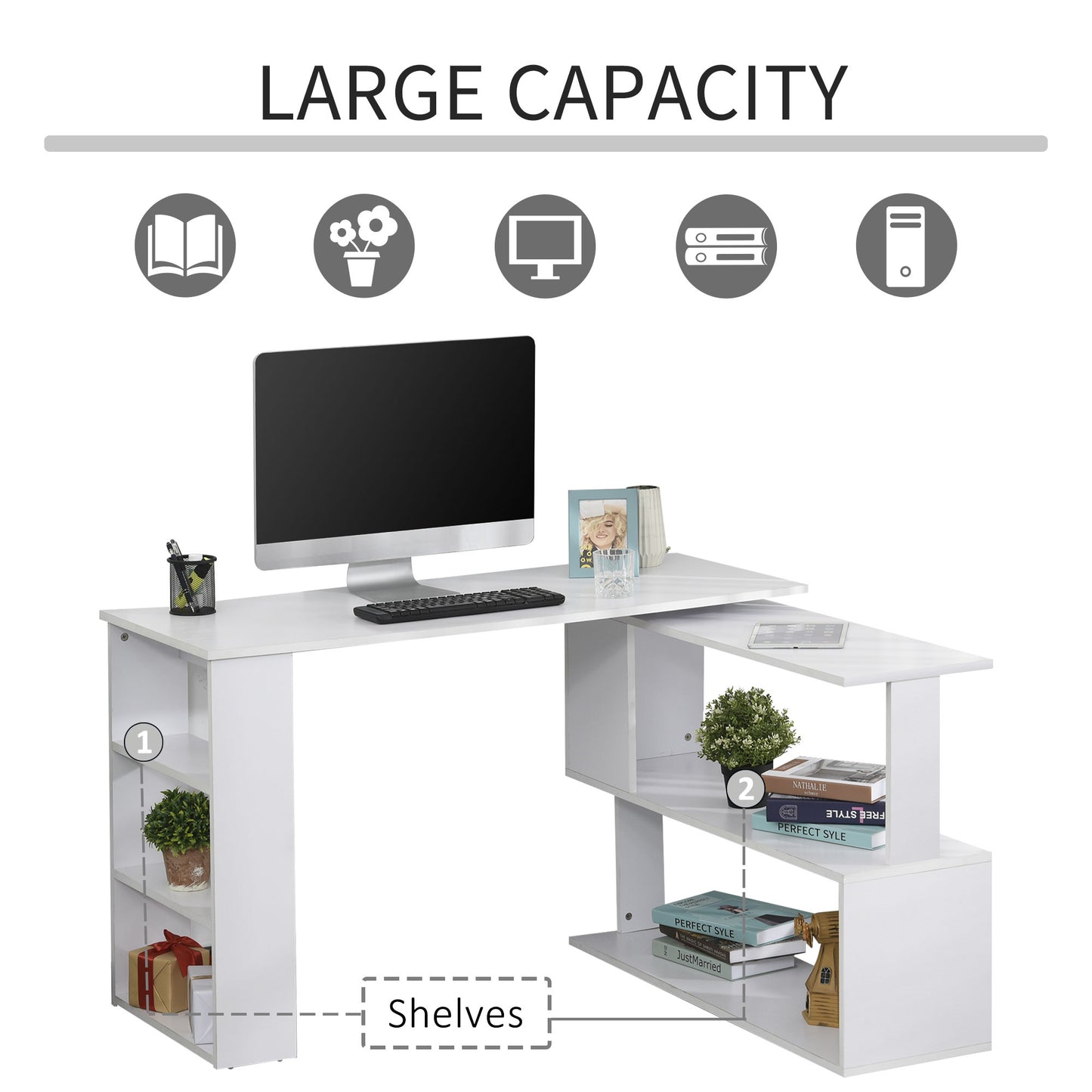 360° Rotating Corner Desk L-Shaped PC Workstation Student Writing Table with Storage Shelf Home Office White