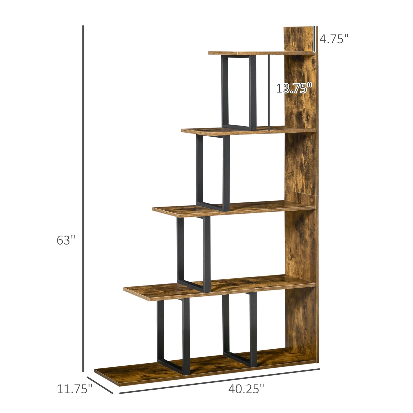 Industrial Bookcase 5-Tier Wooden Ladder Bookshelf Display Stand Organizer for Livingroom Indoor Corner Shelf - Rustic Brown