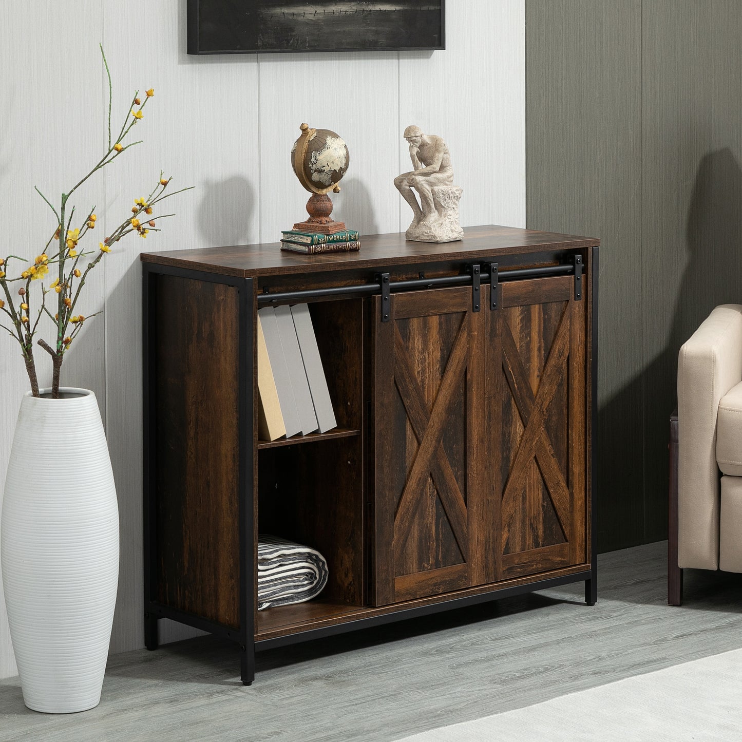 Industrial Buffet Cabinet, Kitchen Sideboard with Sliding Barn Doors, Three Drawers and Adjustable Shelves for Living Room, Dining Room, Rustic Brown