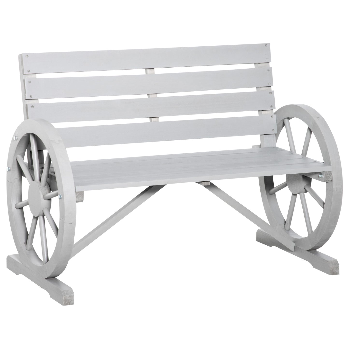 Outsunny 42" Wood Wagon Wheel Bench Garden Loveseat Rustic Seat Relaxing Lounge Chair Outdoor Decorative Seat Park Decor Grey