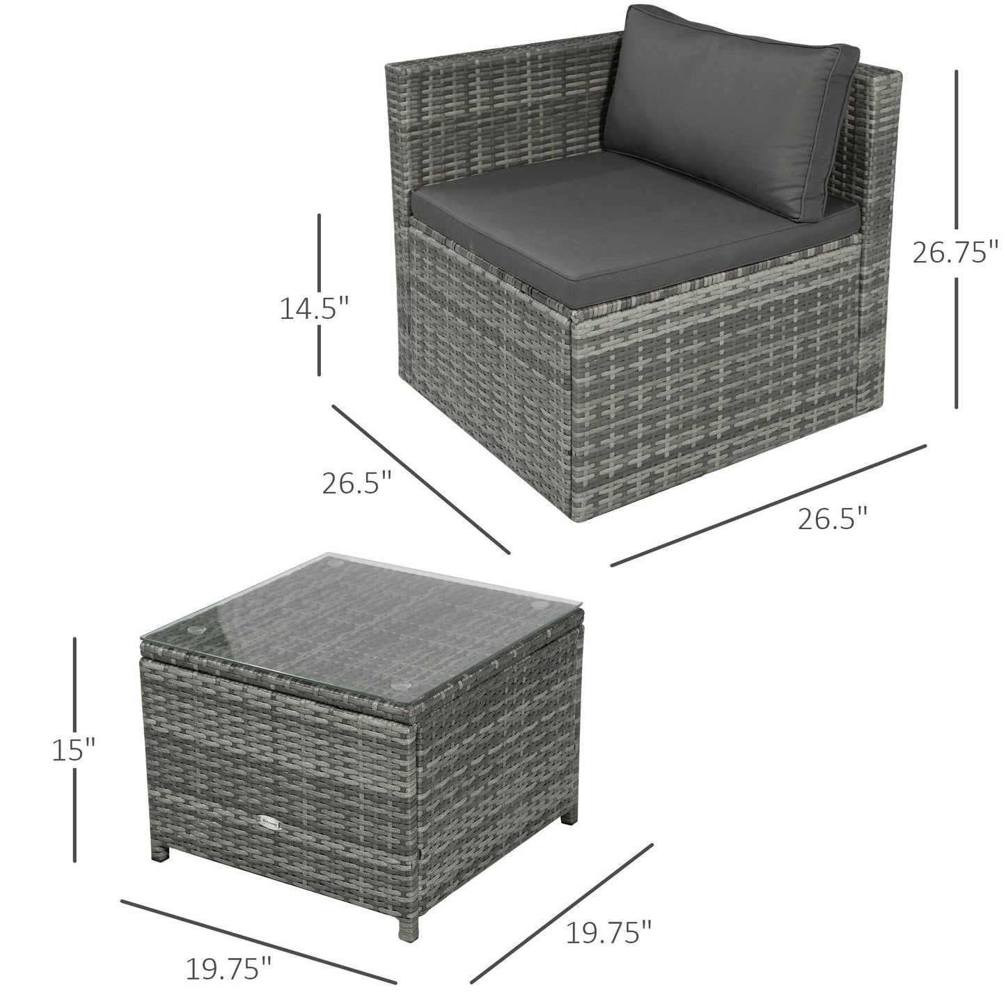 Outsunny 3 Pieces Patio PE Rattan Bistro Set Cushioned Armchair Sofa and Coffee Table Outdoor Furniture