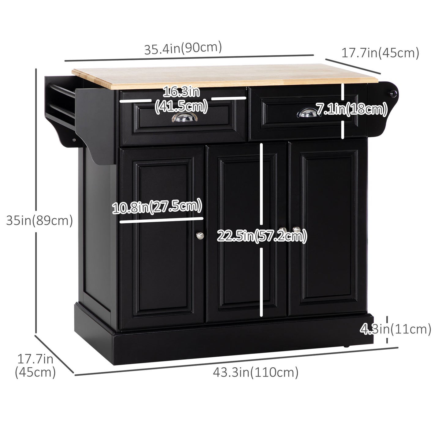 Kitchen Island with Storage Rolling Kitchen Serving Cart with Rubber Wood Top Towel Rack Storage Drawer Cabinet Black