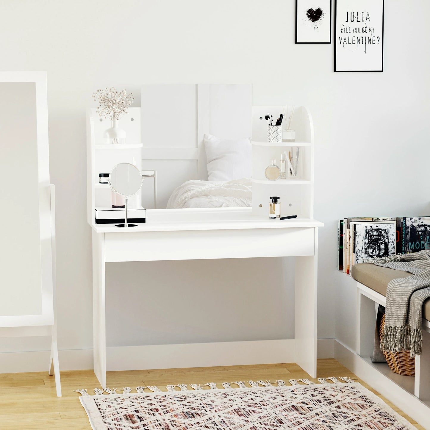 Vanity Table Wood Dressing Table w/ Makeup Mirror, Big Drawers, Open Shelf for Bedroom White