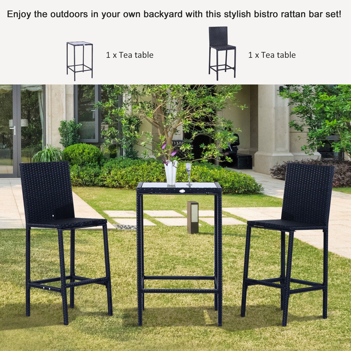 Outsunny 3 Pieces Patio Bar Set Wicker Rattan Garden Deck Bistro Set Barstool and Table Outdoor Furniture for Patios Backyards Balcony Gardens Poolside, Black