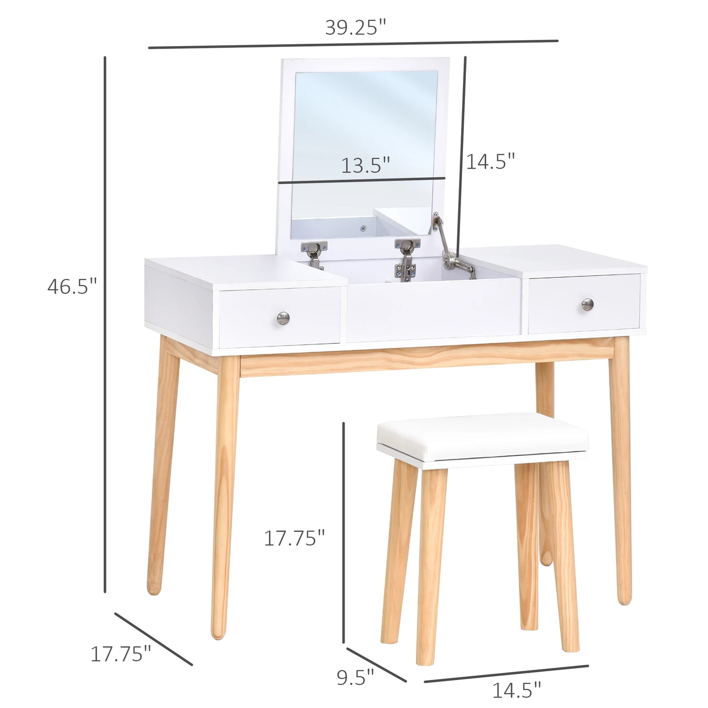 Dressing Table Set with Mirror 2 Drawers Cushioned Stool Makeup Table White