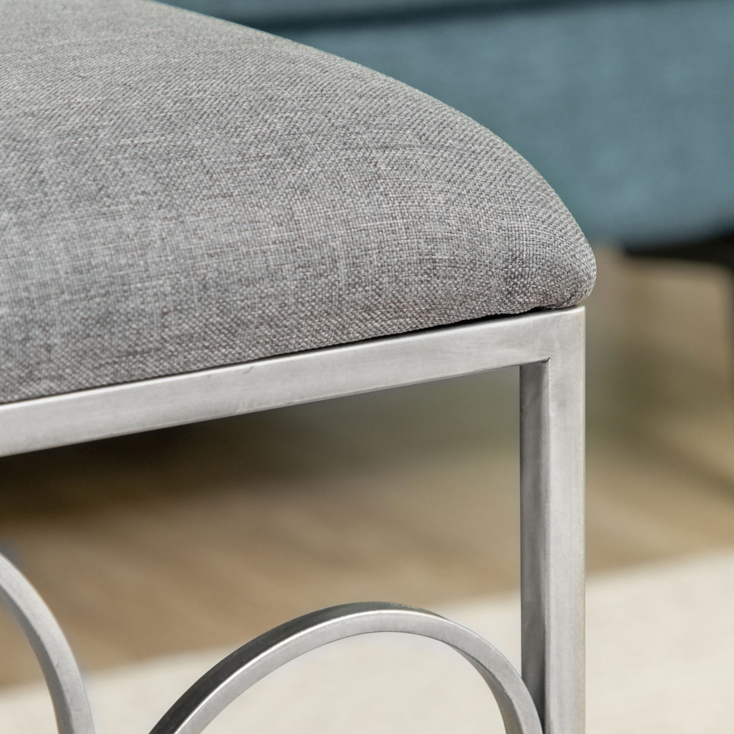 Vintage Foot Stool, French Ottoman with Linen Touch Fabric Upholstered Seat and Steel Base, Vanity Stool for Bedroom, Living Room, Grey