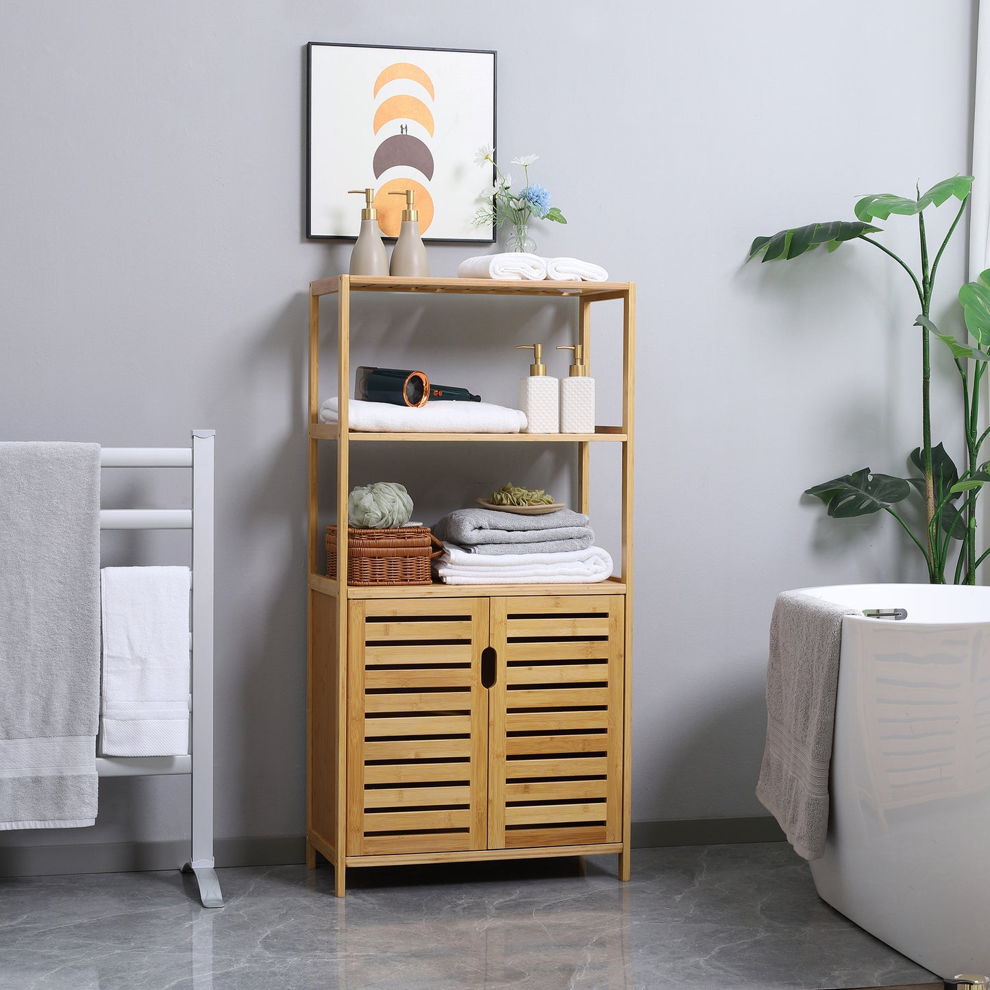 Bathroom Cabinet with 2 Open Shelves and Double-doors Cupboard, Bamboo Freestanding Linen Tower with Slatted Door, Natural