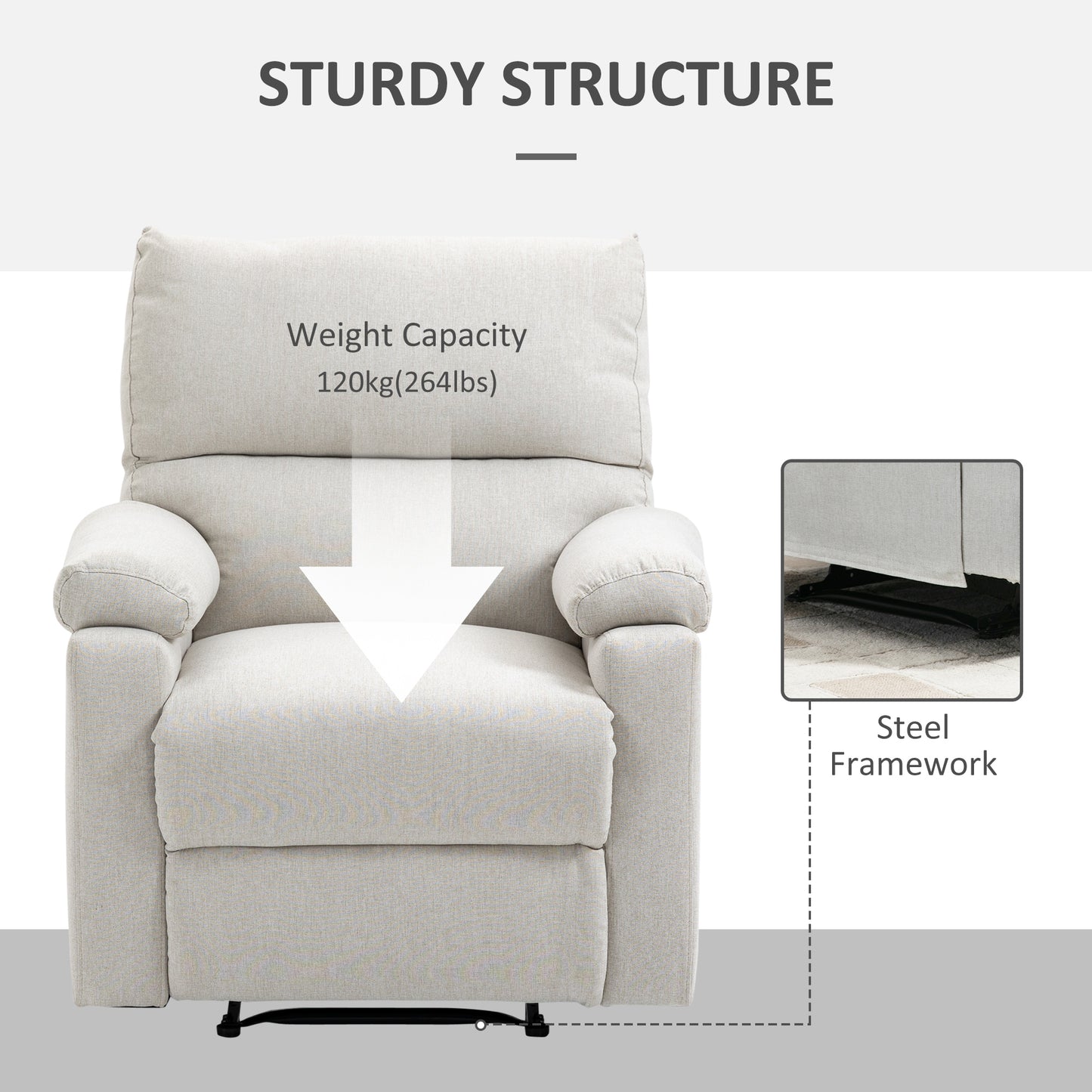 Recliner Sofa Manual Reclining Chair with Footrest Padded Seat for Living Room, Bedroom, Study, Cream White