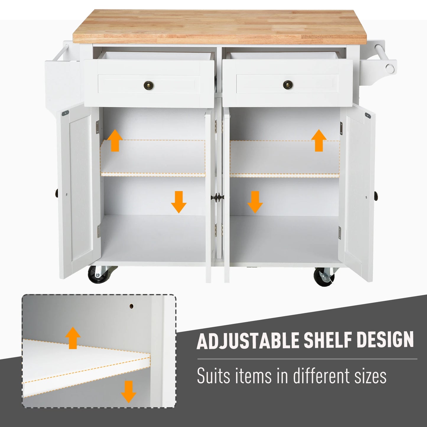 Rolling Kitchen Island Trolley Cart Spice Rack Towel Rack Drawer Wood Top White