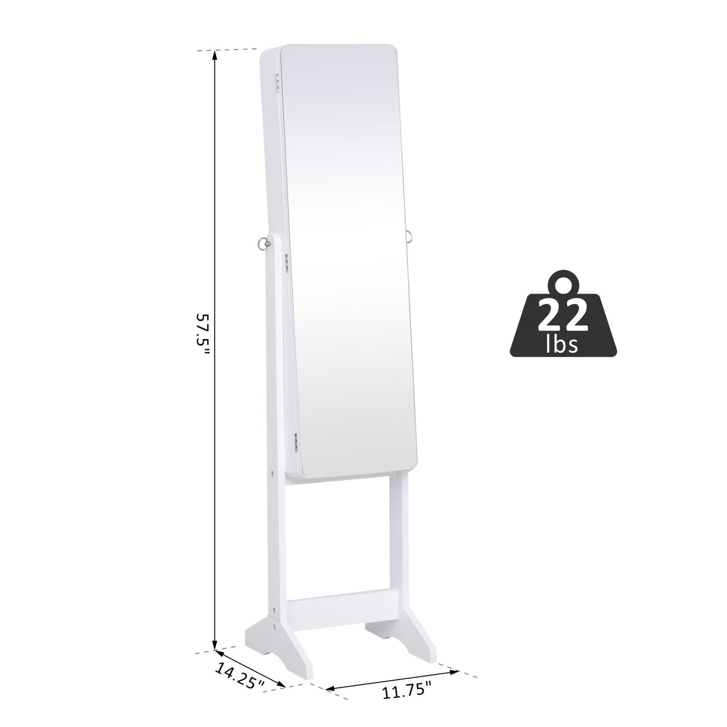 Freestanding Mirrored Jewelry Cabinet, LED Lighted Jewelry Armoire, Storage Organizer with Stand, Angle Adjustable White