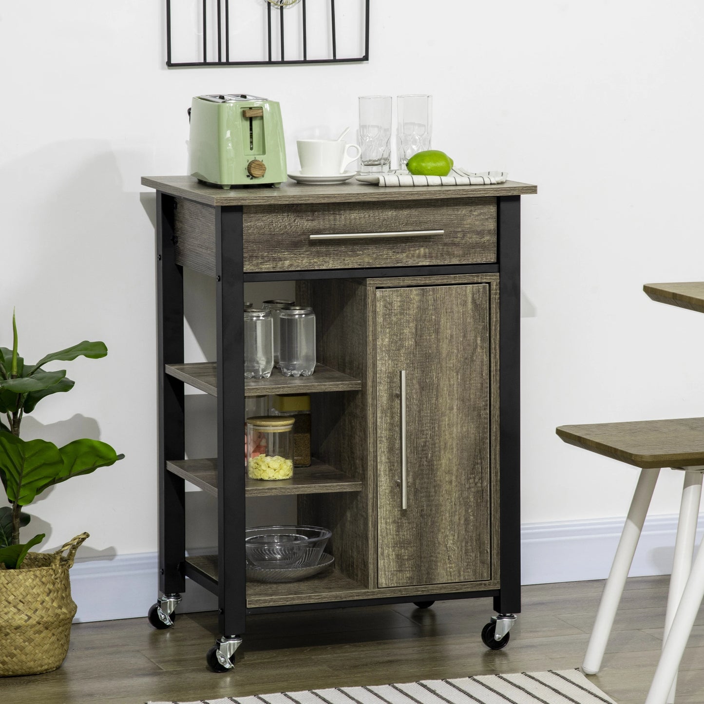 Kitchen Trolley Utility Cart on Wheels with Storage Shelves & Drawer for Dining Room, Dark Oak