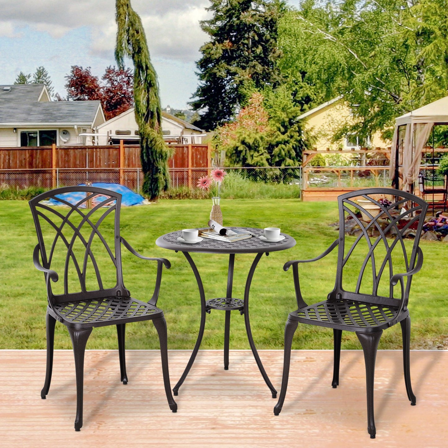 Outsunny 3 Pieces Patio Furniture Set, Outdoor Garden Conversation Set with Coffee Table, 2 Chairs and Umbrella Hole, Brown