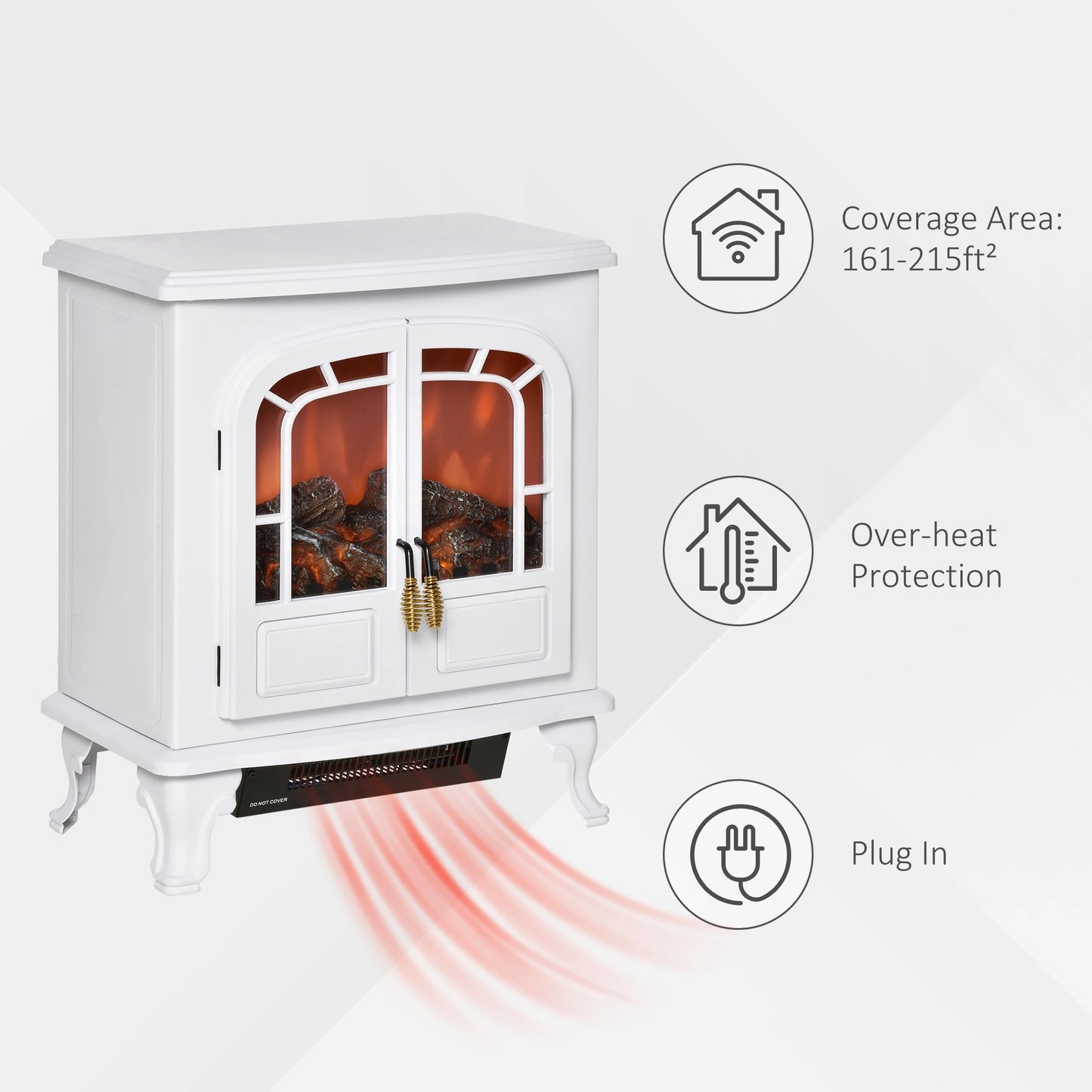 Electric Fireplace Stove Heater with LED Fire Flame Effect, Double Door, Freestanding & Portable with Overheat Protection, 750W/1500W, White