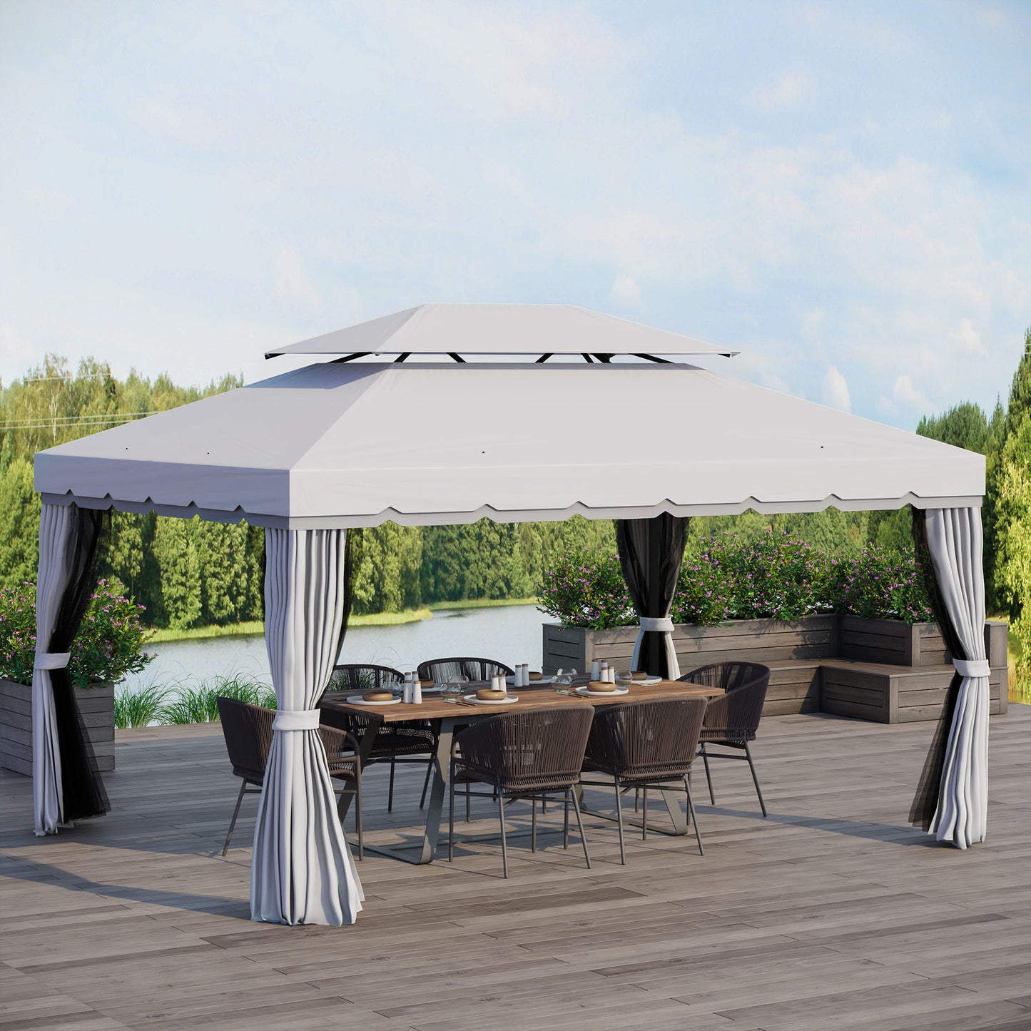 Outsunny 13' x 10' Outdoor Patio Gazebo Canopy with 2-Tier Polyester Roof Vented Mesh Sidewall & Strong Aluminum Frame Grey