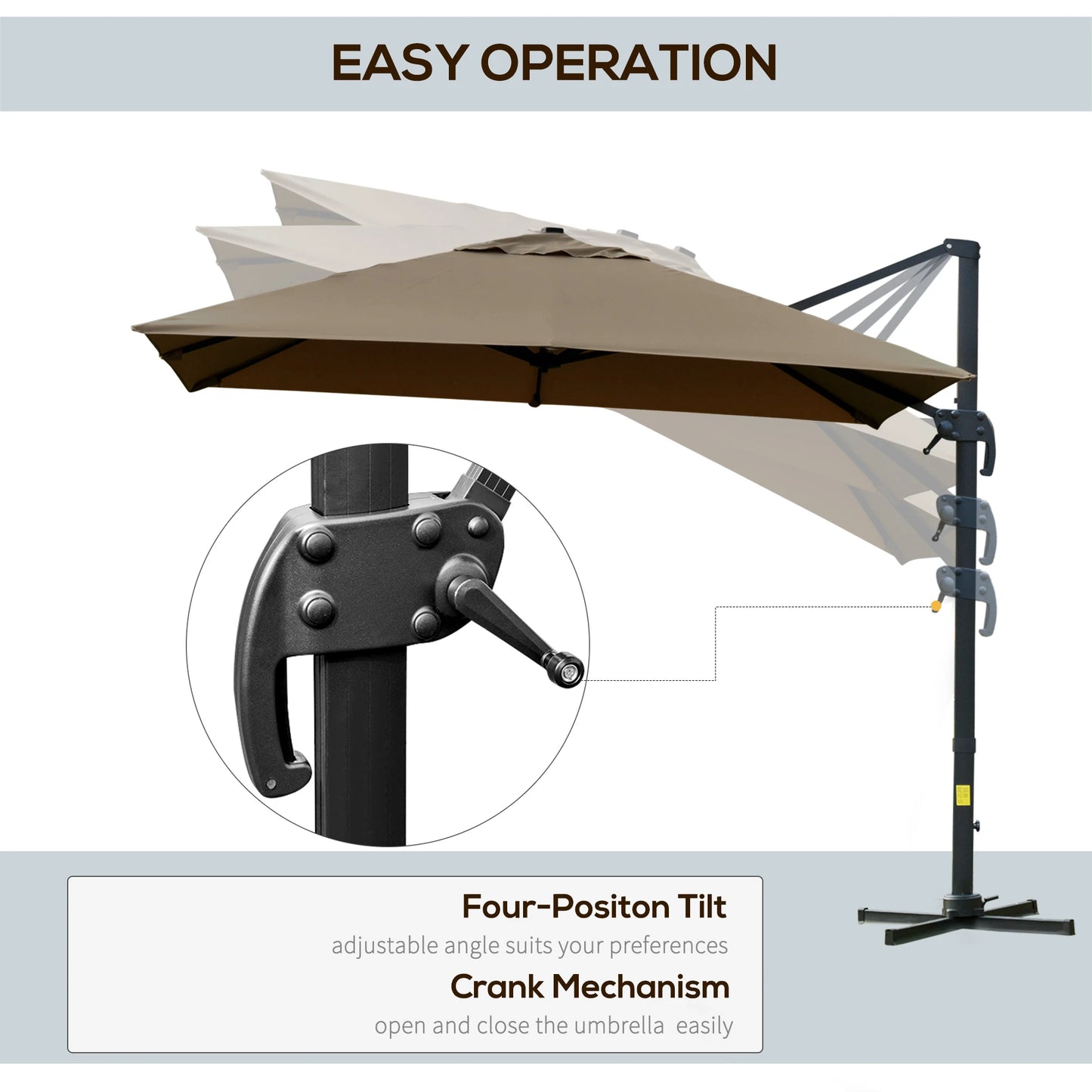 Outsunny 10x10ft Cantilever Umbrella Rotatable Square Top Market Parasol with 4 Adjustable Angle for Backyard Patio Outdoor Area Coffee