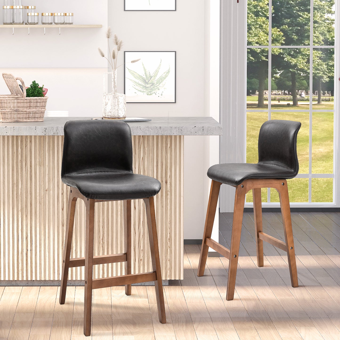 Modern Bar Stools Set of 2, Counter Height Bar Chair with PU Leather Wooden Frame Padding Seats for Dining Room Home Bar Brown