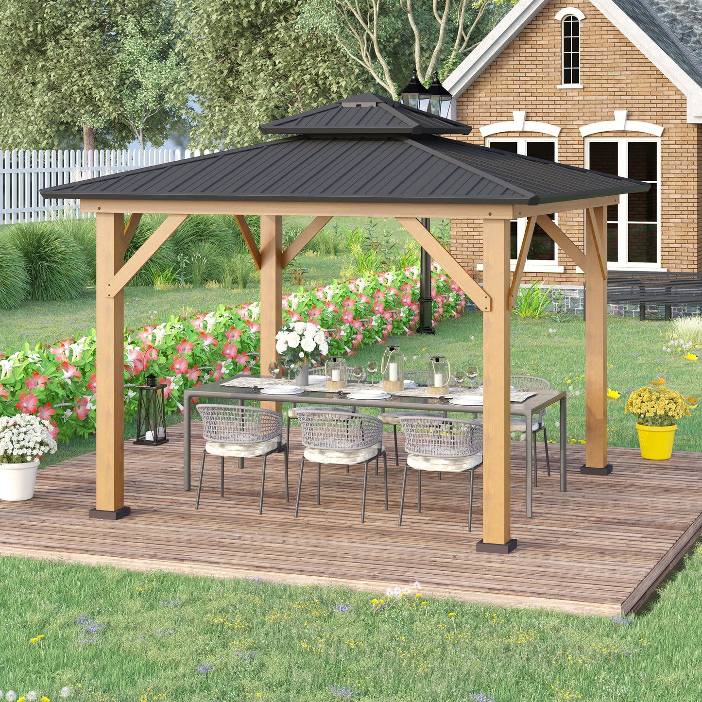 11' x 11' Wood Frame Hardtop Gazebo Galvanized Steel Canopy Outdoor Shelter with Double Vented Roof for Garden, Lawn, Poolside, Black